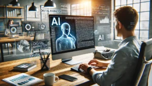 Profissional de marketing digital utilizando o RD Station Mentor IA em um escritório moderno para criar conteúdo personalizado e automatizar processos de marketing.