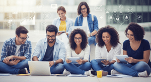 Estudantes universitários em campus moderno com ícones de marketing digital e IA