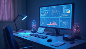 Mesa de comando digital com gráficos, dashboards e checklist iluminados em tons de azul e roxo, representando organização e tecnologia no processo de vestibular.